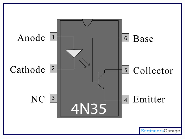 4N35 Optcoupler pin diagram, pinout