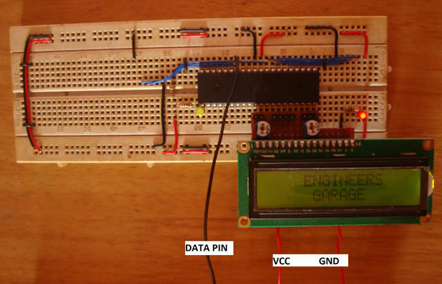 LCD Scrolling Display Module using AVR controller and 16x2 alphanumeric LCD display setup on breadboard