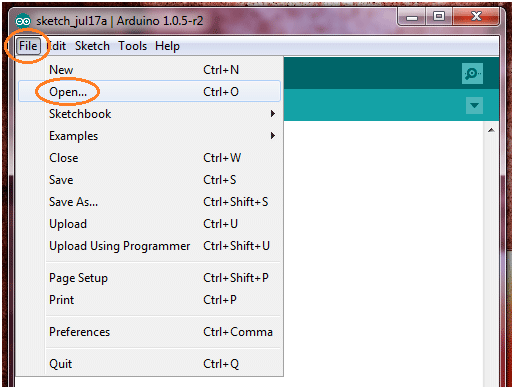 Screenshot of Arduino IDE demonstrating navigation to open a new file Screenshot of Arduino IDE demonstrating navigation to open a new file
