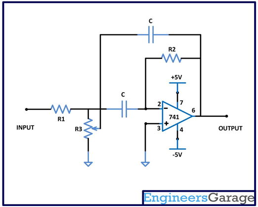 Circuit Diagram of MFB Band Pass Circuit with Single Resistor & Capacitor Feedback