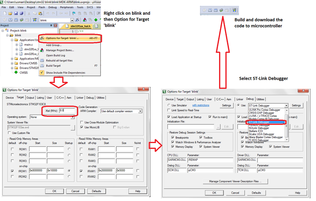 Keil upload code to stm32 development board using stlink debugger