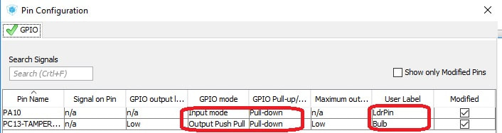 Light detector using stm32 microcontroller pin settings