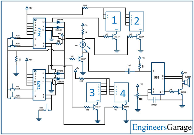 Circuit Diagram of 7473 JK Flip Flop IC and 555 IC based Fastest Finger First Circuit
