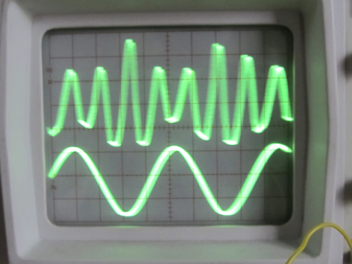 AM Wave Generated by AM Modulator Circuit Displayed on CRO