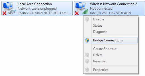 Bridge connection between network adaptors Bridge connection between network adaptors