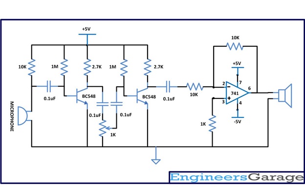  Circuit Daigram for Reproduction of Sound Signals captured through Microphone on Loudspeaker