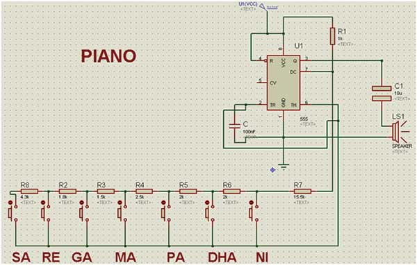 Circuit Diagram of 555 IC based Electronic Piano