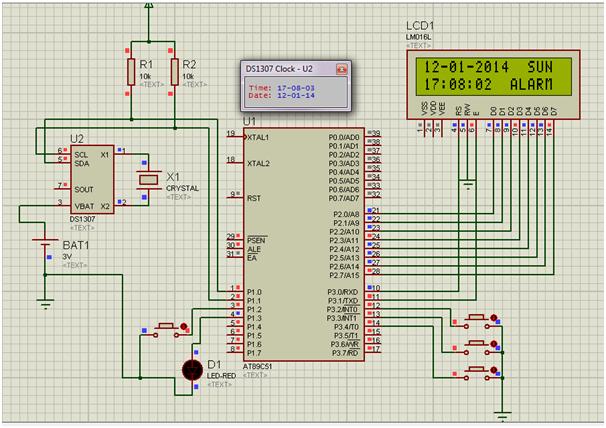 Circuit Diagram of 8051 Microcontroller and DS1307 IC based Real Time Clock