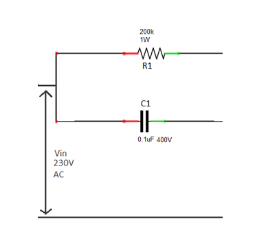 Circuit Diagram of AC Voltage Reducer based on X-rated Capacitor and Bleeding Resistor