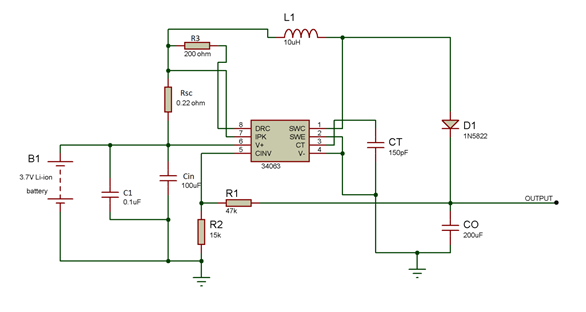 Schematic diagram of a basic Step-Up converter integrated in a