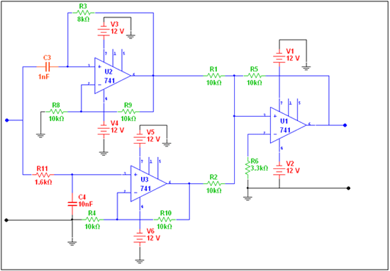 Circuit Diagram of LM741 OPAMP IC based Band Reject Filter