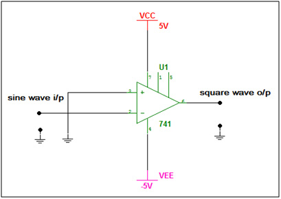 Circuit Diagram of LM741 OPAMP IC based Sine Wave to Square Wave Converter