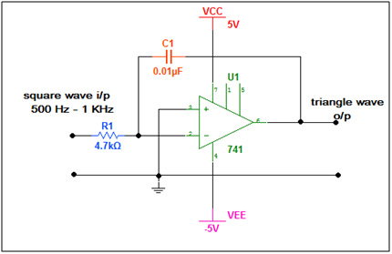 Circuit Diagram of LM741 OPAMP IC based Square Wave to Triangular Wave Converter