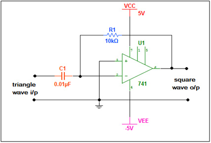 Circuit Diagram of LM741 OPAMP IC based Triangle Wave to Square Wave Converter