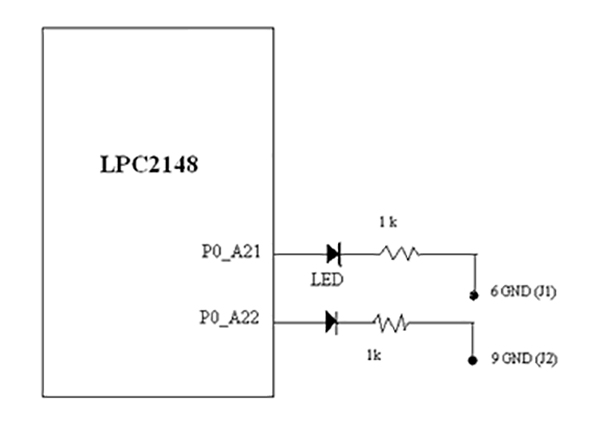 Circuit Diagram of LPC2149 ARM Controller and LED Interfacing Prototype to test Digital Output