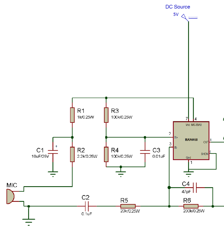 Circuit Diagram of MAX4468 IC based Microphone Audio Pre Amplifier 