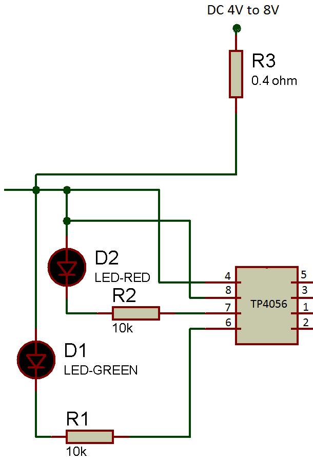 Circuit Diagram showing Charging and Charge Completion Indicating LEDs Connection to TP4056 Circuit Diagram showing Charging and Charge Completion Indicating LEDs Connection to TP4056