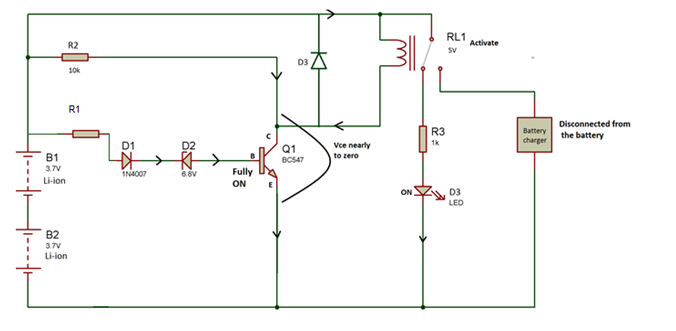 Circuit Diagram showing complete working of Battery Over Charge Protection Circuit Diagram showing complete working of Battery Over Charge Protection