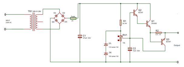 Circuit Diagram of Voltage Regulator for Adjustable 0 to 30V 2A DC Power Supply