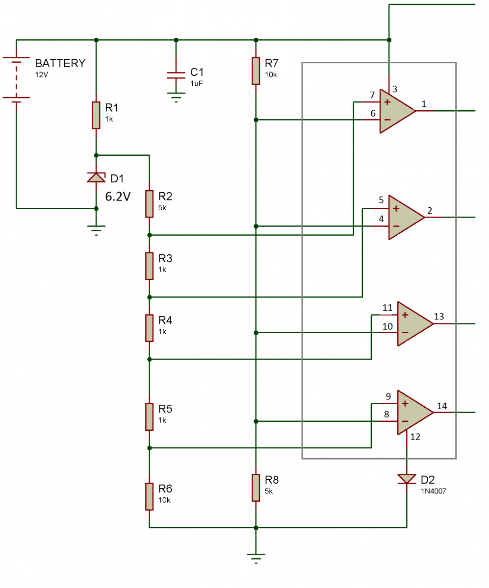 Circuit Diagram showing LM339 Pin Connections for Battery Indicator Circuit Diagram showing LM339 Pin Connections for Battery Indicator