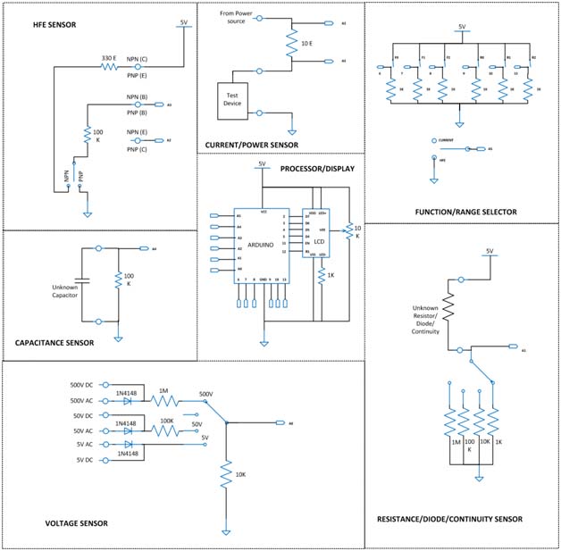 Circuit Diagrams of various blocks of Arduino based Digital Multimeter