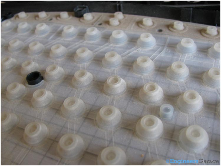 Closer View of Dome-Shaped Rubber Buttons underneath Keys of Keypad Closer View of Dome-Shaped Rubber Buttons underneath Keys of Keypad