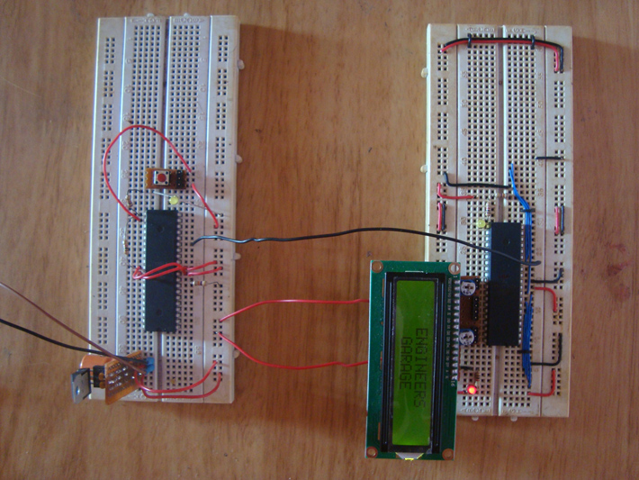 Data communication between LCD Module and AVR via serial transmission circuit setup on breadboard