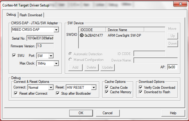 Debug/Utilities Settings using the NXP LPC1768