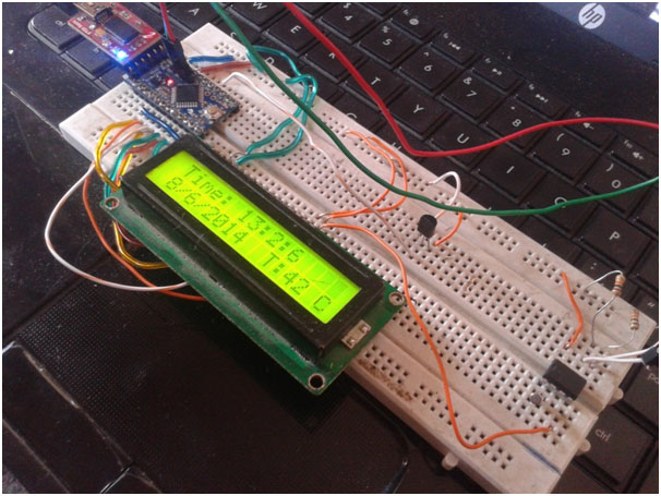 Image of Arduino based Real Time Clock and Temperature Indicator designed on Breadboard