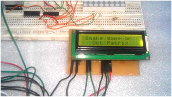 Image of LCD Module showing initial messages in Snake Game