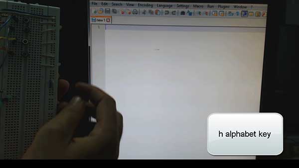 Image showing alphabet 'h' typed from Arduino based generic USB keyboard Image showing alphabet 'h' typed from Arduino based generic USB keyboard