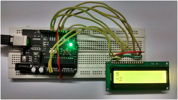 Image showing Arduino interfaced character LCD displaying different values from two threads