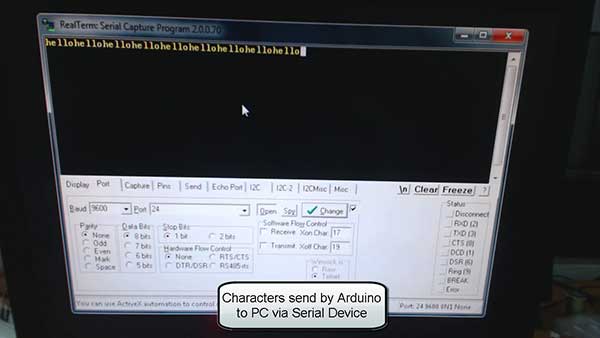 Image showing characters sent from Arduino to PC via Serial Device