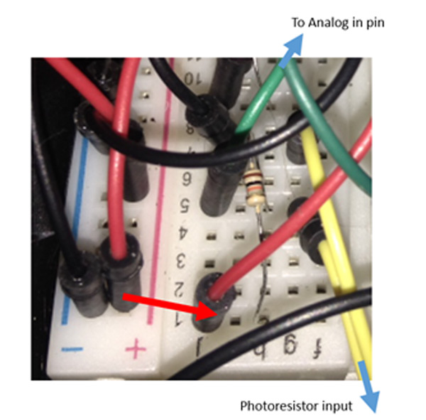 Image showing circuit connections of Photo resistor on Robotic Tank for detection of Flashlight