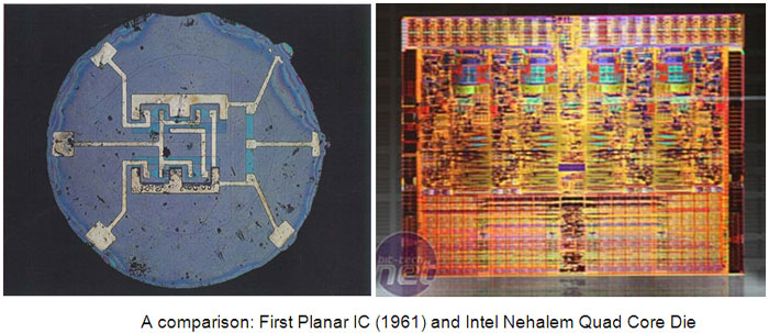 Image showing Comparison of First Planar IC And Intel Nehleam Quad Core Die