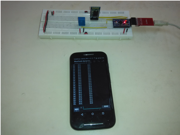 Image showing demonstration of Arduino Android and Bluetooth Module based Wireless Temperature and Humidity Monitor