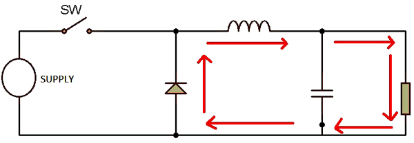 Image showing flow of current in Buck Regulator Circuit when switch is open