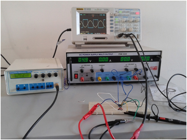 Image showing Input and Output Waveforms of LM741 IC based Sine Wave to Square Wave Converter on an Oscilloscope