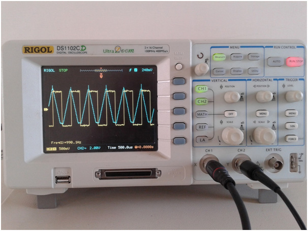 Image showing Input and Output Waveforms of LM741 IC based Square Wave to Triangle Wave Converter on an Oscilloscope