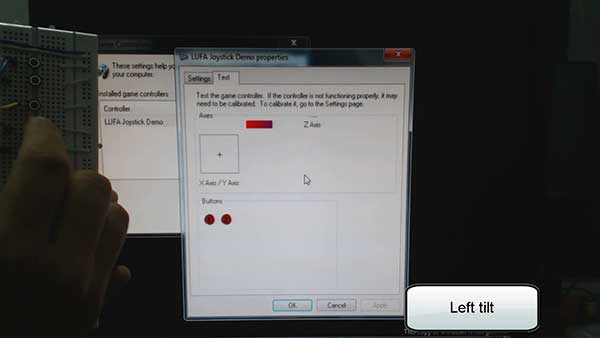 Image showing left tilt of Arduino Based USB Joystick and its effect on cursor