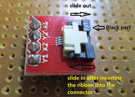 Image Showing Slider on Breakout Board to Connect Ribbon Cable of Touch Screen Image Showing Slider on Breakout Board to Connect Ribbon Cable of Touch Screen