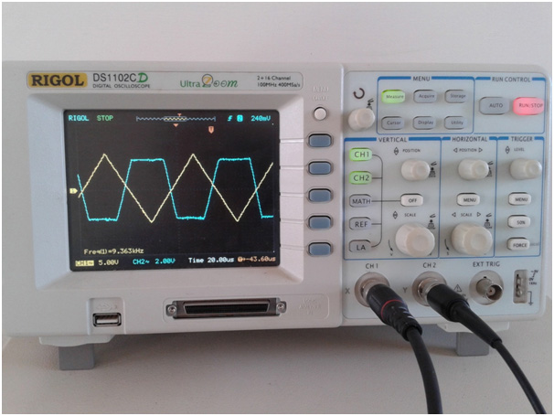 Image showing Input and Output Waveforms of LM741 IC based Triangular Wave to Square Wave Converter on Display Panel of an Oscil