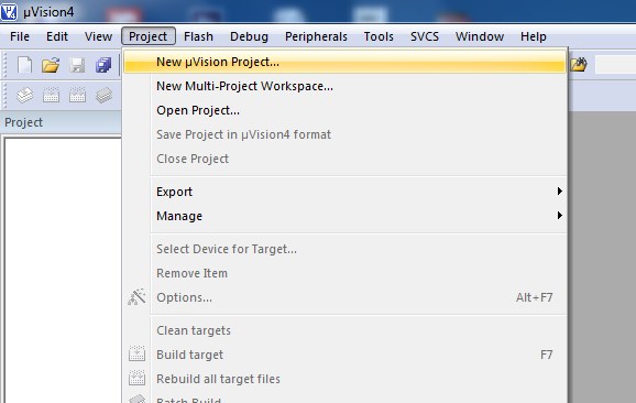 Image showing Keil µVision4 default workplace to create project for LPC1768 Microcontroller