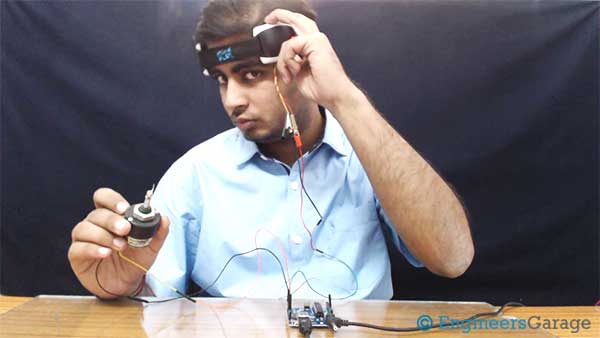 Image showing speed of DC Motor being controlled by Meditation Level using Brainwave Sensor
