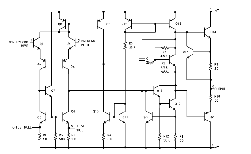 Internal Circuit Diagram of LM741 Operational Amplifier IC