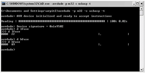 Low fuse and High Fuse Byte Values on avrdude interactive window Low fuse and High Fuse Byte Values on avrdude interactive window