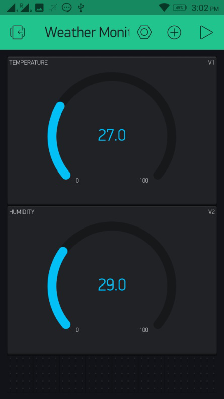 Mobile Screenshot of Blynk App UI for Particle Photon based IOT Weather Monitoring System