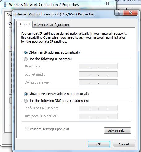 Obtain IP address and DNS server address using Wireless Network Adaptor Obtain IP address and DNS server address using Wireless Network Adaptor