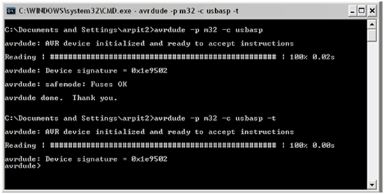 Output of Commands using Avrdude Software to disable JTAG