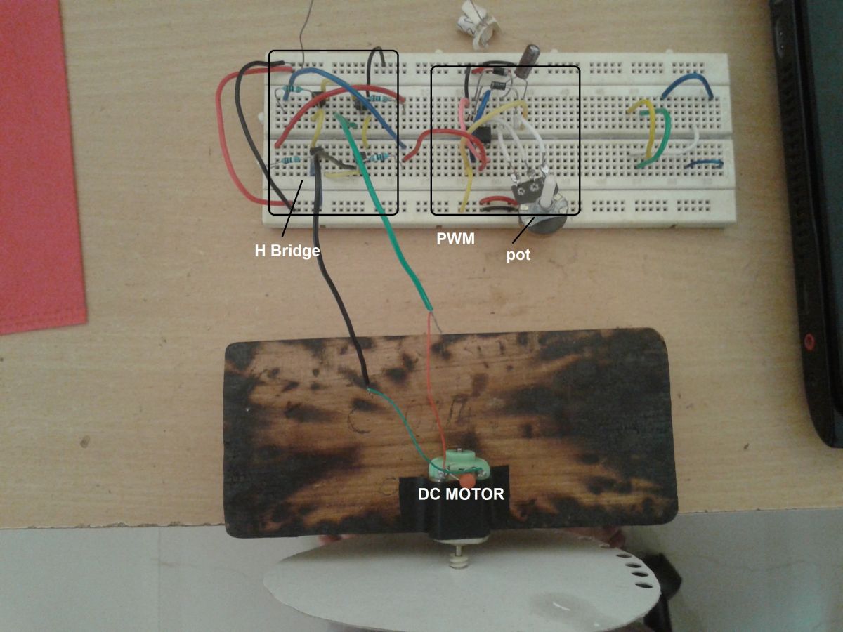 Prototype of 555 IC and Transistor H-Bridge based DC Motor Controller